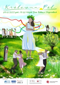 Plakat spektaklu królewna pól. Na zielono-żółtej łące dziewczyna w niebieskiej sukience i wianku,  tańczące pary, grupy dziewcząt.